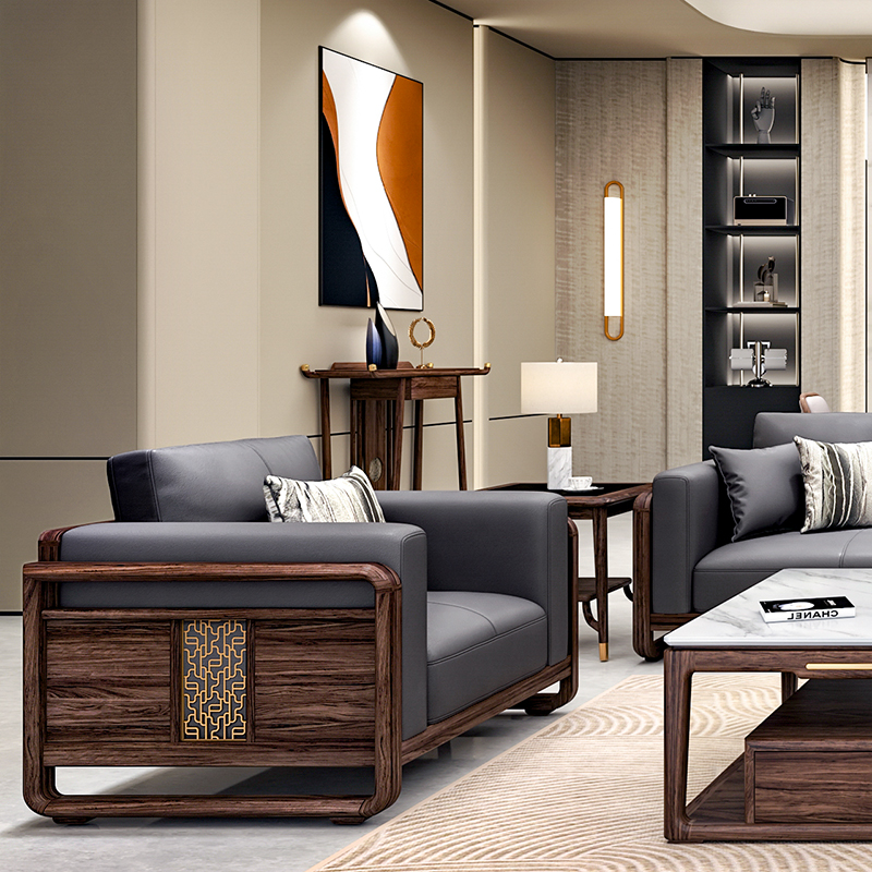 心居名家 实木沙发乌金木高端组合沙发头层真皮直排现代客厅家具